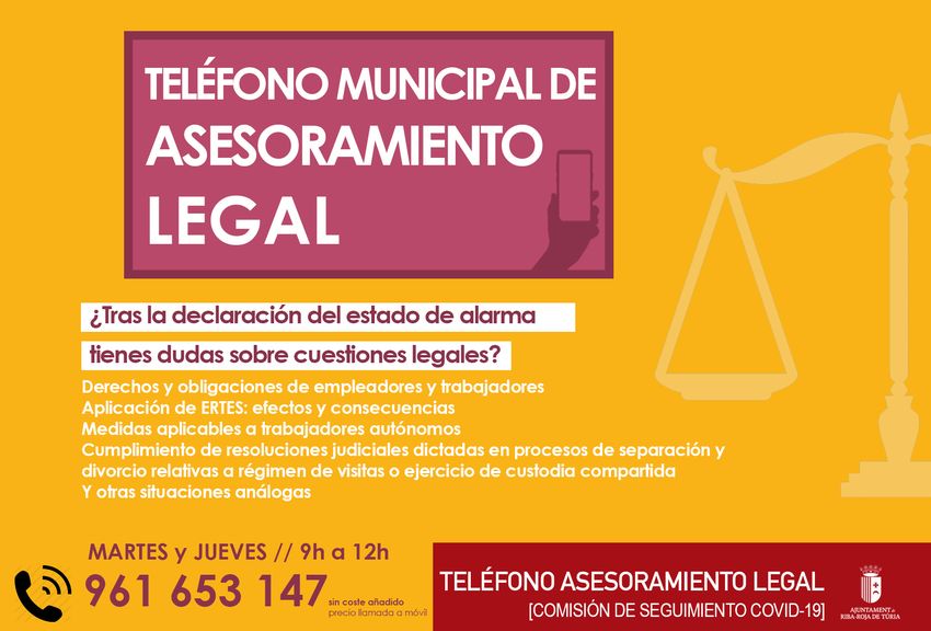 Habilitat Telfon Municipal per a Assessorament Legal amb motiu del Covid-19