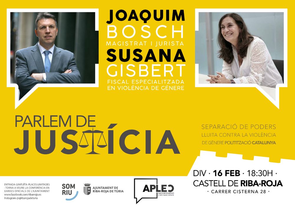 Arriba la tercera cita d'APLEC 'gora del Pensament Lliure Espai Cultural' amb el magistrat i jurista Joaquim Bosch, i la fiscal especialitzada en violncia de gnere, Susana Gisbert