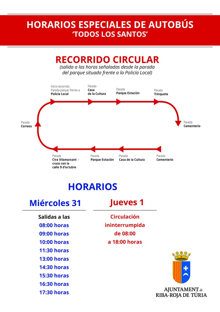L'Ajuntament de Riba-roja de Tria ofereix un horari especial d'autobs pel dia de Tots els Santos