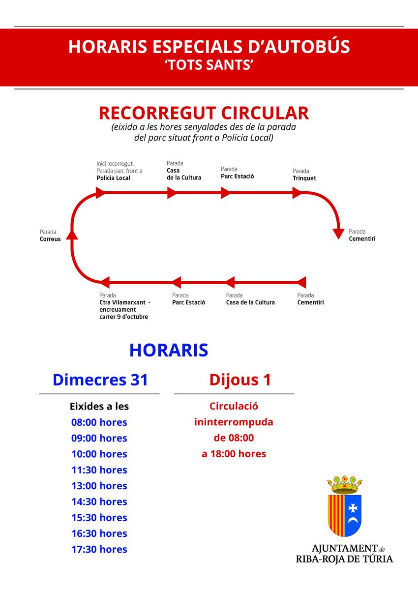 L'Ajuntament de Riba-roja de Tria ofereix un horari especial d'autobs pel dia de Tots els Santos